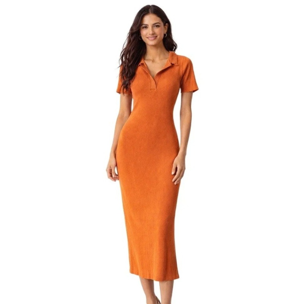 Caroline Constas Orange Ribbed Knit Polo Midi Dress Short Sleeve Medium